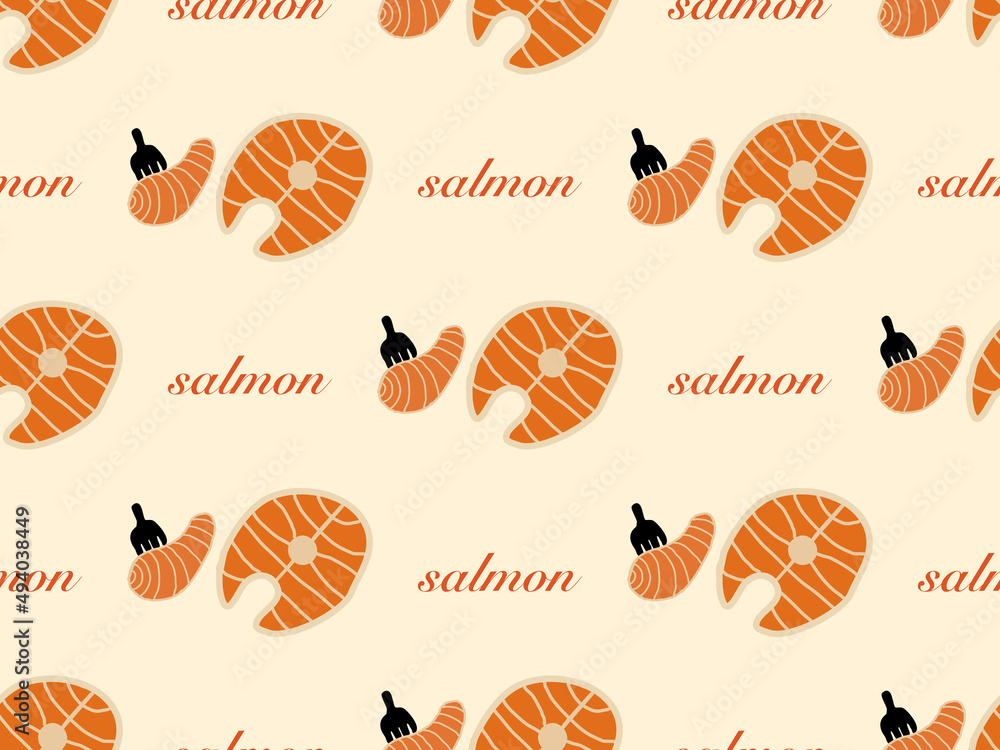 salmon cartoon character seamless pattern on yellow background.