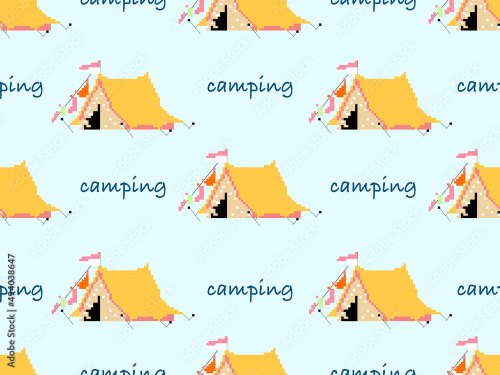 camping cartoon character seamless pattern on blue background.Pixel style