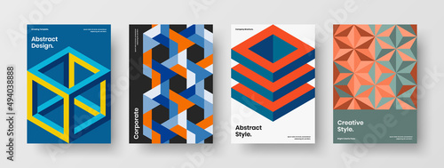Bright company brochure design vector template set. Colorful geometric hexagons presentation concept bundle.