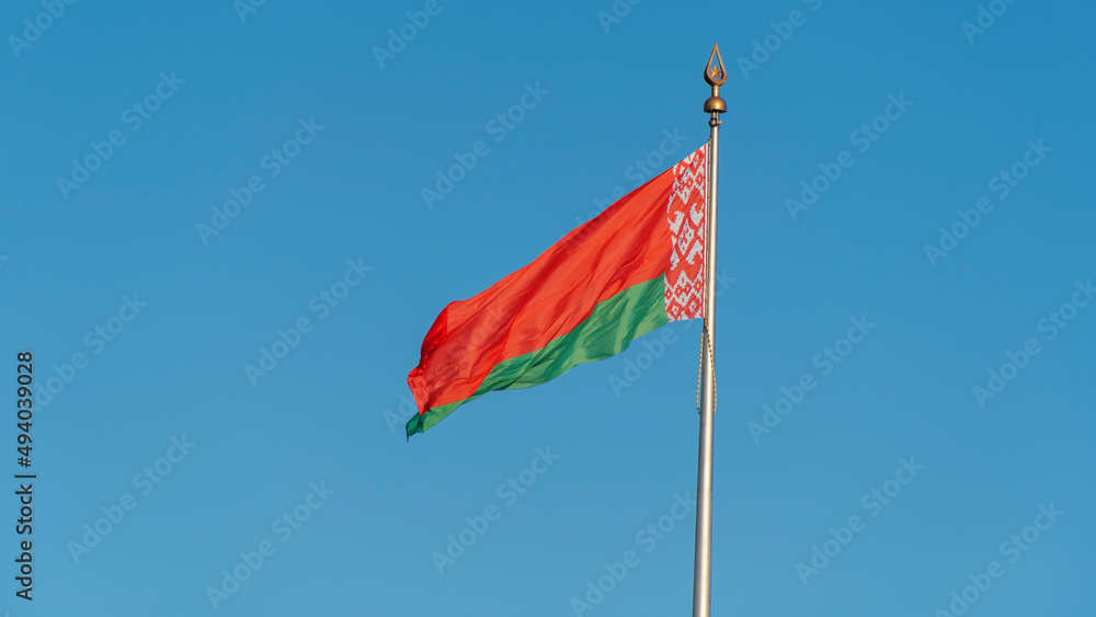 State flags of the Republic of Belarus are waving in the wind on blue sky background. Space for text.