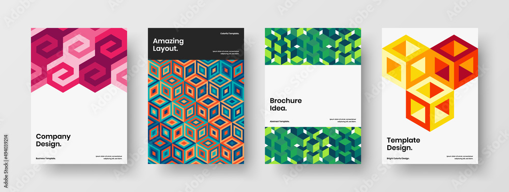 Unique company brochure A4 vector design concept set. Bright mosaic hexagons poster template composition.