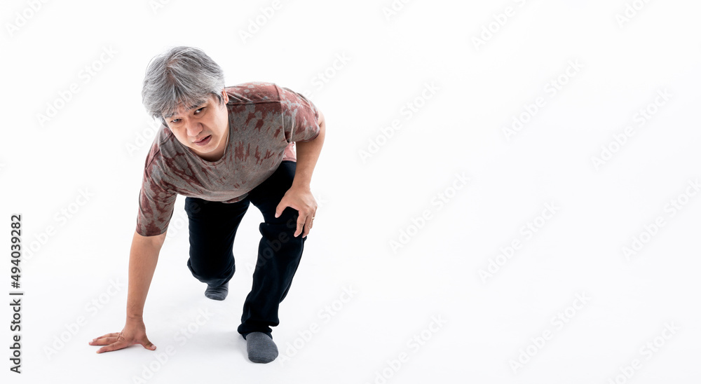 Portrait images of Asian fat man has an ankle injury, Due to obesity And osteoarthritis, On white background, to people and health care concept. Portrait images of Asian fat man has an ankle injury, Due to obesity And osteoarthritis, On white background, to people and health care concept.