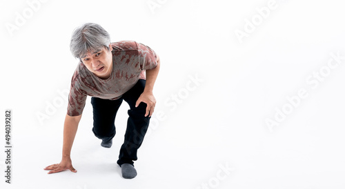 Portrait images of Asian fat man has an ankle injury, Due to obesity And osteoarthritis, On white background, to people and health care concept.