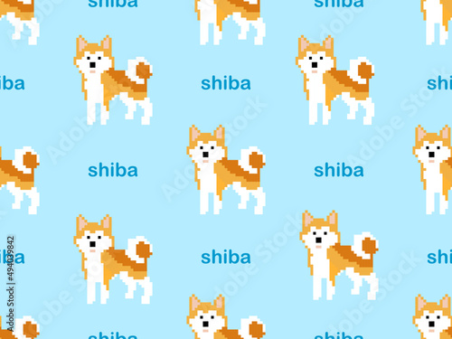shiba cartoon character seamless pattern on blue background.Pixel style