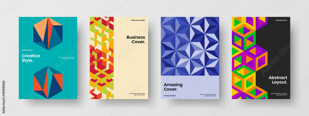 Fresh geometric tiles corporate identity layout collection. Colorful catalog cover design vector concept set.