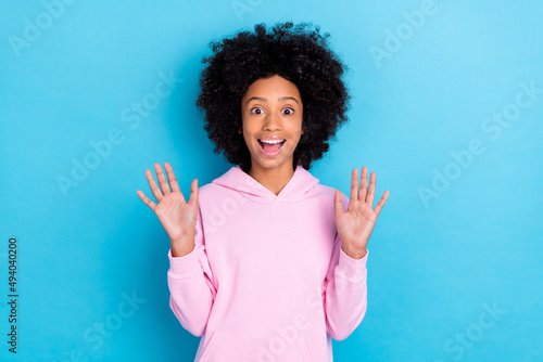 Photo of youth excited cool girl face reaction discount information isolated over blue color background