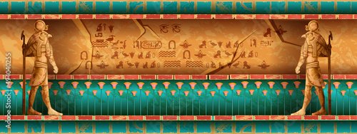 Egypt temple wall, vector Egyptian tomb background, ancient pyramid interior, Horus statue, hieroglyphs. Old civilization stone palace room, archaeology mural illustration. Egypt history temple