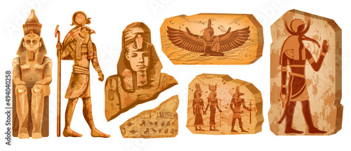 Egypt stone board kit, vector ancient Egyptian statue, old rock tablet, gods silhouette, hieroglyphs. Horus temple sculpture, pharaoh clay figurine, ancient civilization monument. Egypt stone set