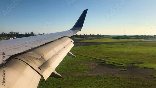 When the plane lands on the runway. Airplane in the sky.