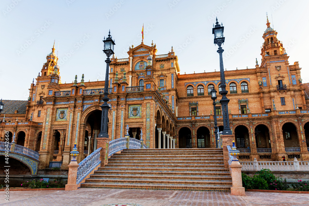 Plaza of Spain in Seville. The capital of Andalusia at dawn. Architectural beauty of the city.