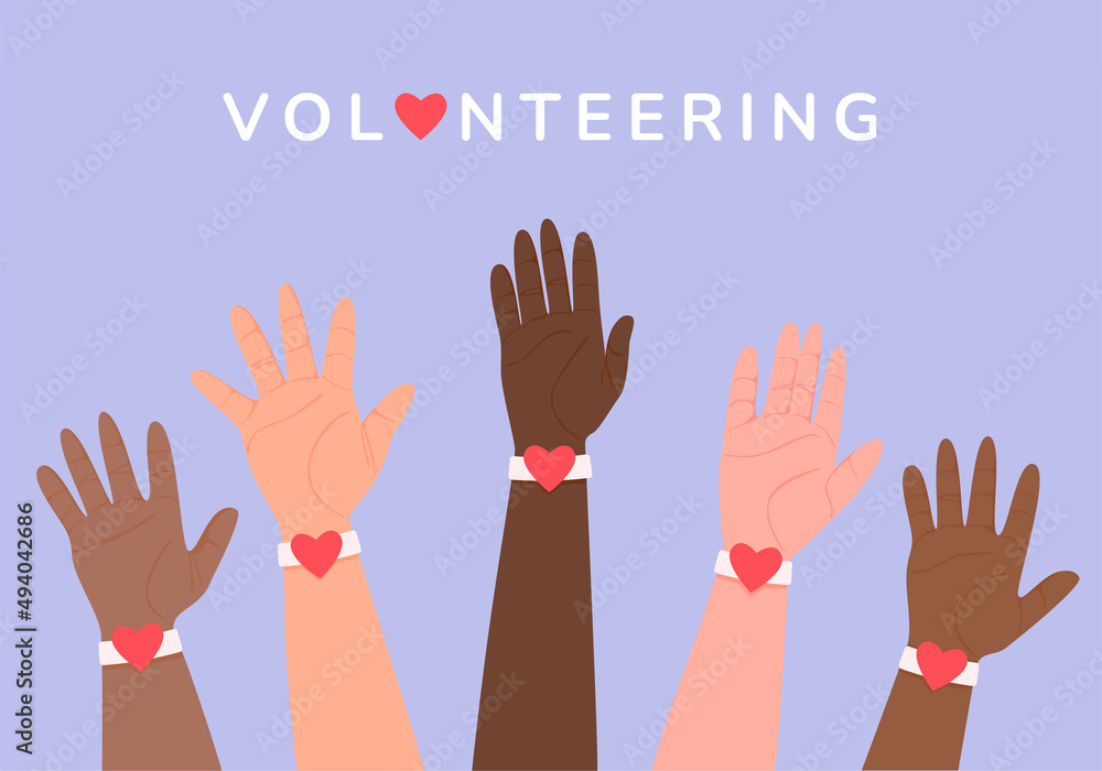 Fototapeta premium Hands with hearts. Raised hands volunteering vector concept 