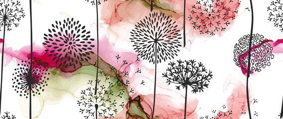 Stickers Vintage bloemen patronen Marmeren textuur met paardenbloemen modern  © O.Yu