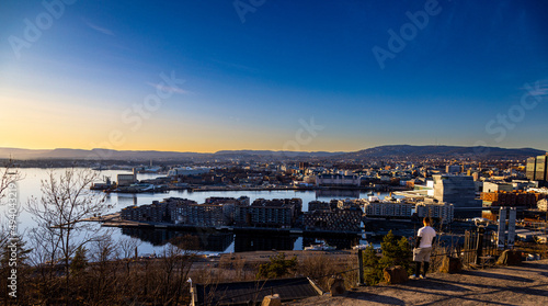 Photography city skyline, sunset over the fjord,, Oslo, Norway
