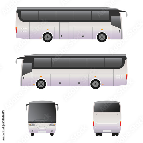 A passenger bus. Side view, front view, back view.
