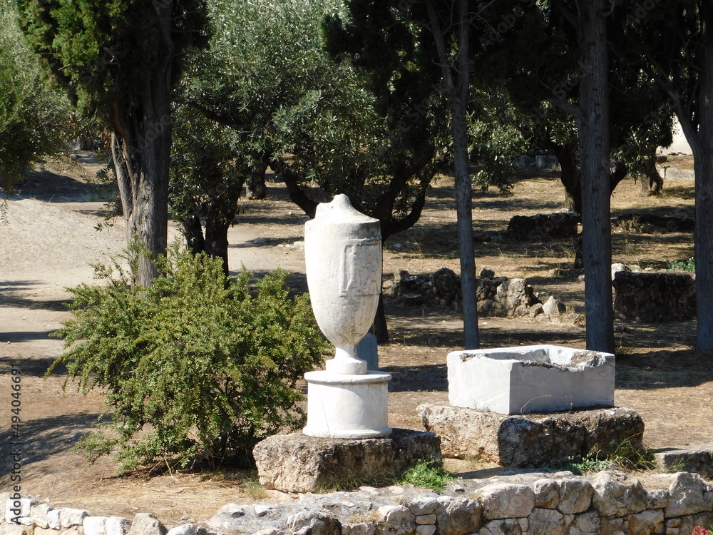 September 2018, Athens, Greece. Ancient ruins in the cemetery of Keramikos. A funerary lekythos