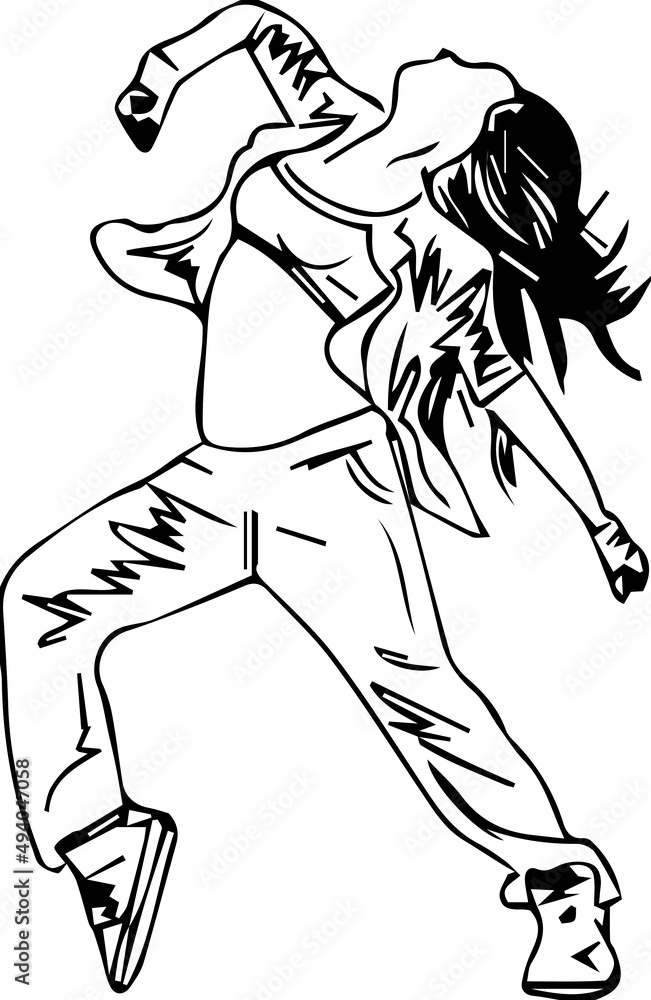 Line art illustration of dancing girl in stylish pose, outline sketch drawing vector of dancer woman