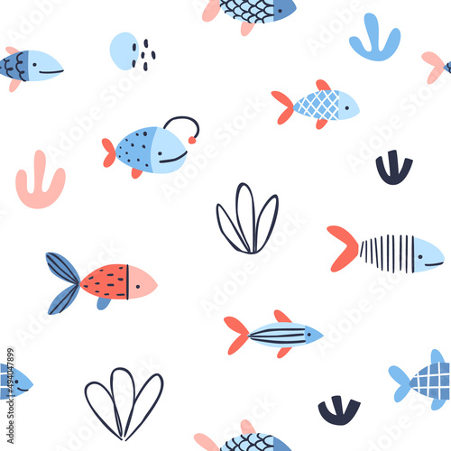 Abstract sea fish pattern. Doodle marine seamless vector print for fabric, textile, paper, nursery. photo