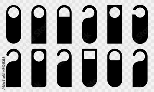 Set with door room hanger icons. Badge on doorknob with warning message. Tags on hotel door.
