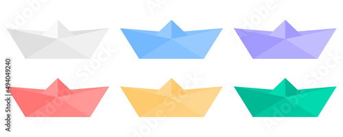 Set with colored papers boats. Collection of origami paper ship. Vector flat illustration.