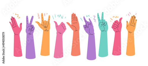 Raised hands gestures express happiness and success. Crowd of people rejoice vector illustration