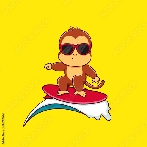 Cute monkey surfing cartoon vector illustration. Cool surfer monkey on wave cartoon.