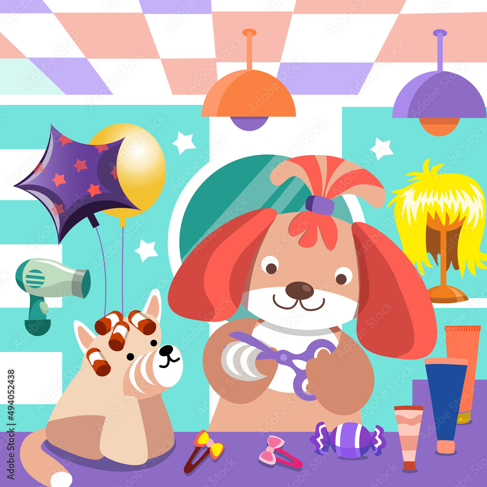Funny dogs at barbershop. Cute cartoon characters. Vector illustration for children games, posters, books, puzzles. Funny dogs at barbershop. Cute cartoon characters. Vector illustration for children games, posters, books, puzzles.