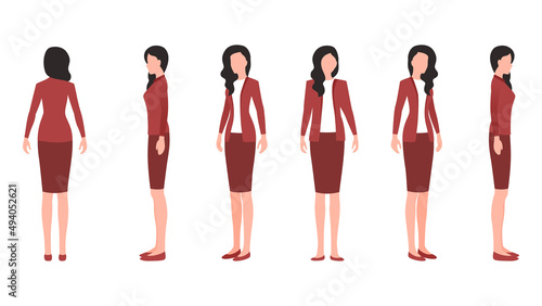 businesswoman cartoon character illustration, vector illustration of female character in formal clothes from different angles.