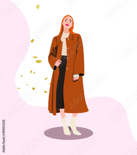 Vertical vector illustration of a redhead female in a coat