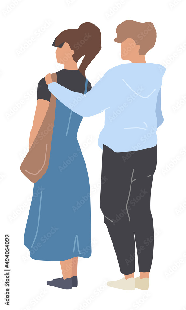 Young couple looking ahead semi flat color vector characters. Full body people on white. Man embracing girlfriend simple cartoon style illustration for web graphic design and animation