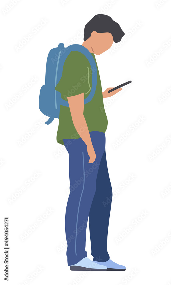 Dark haired young man searching info on mobile device semi flat color vector character. Posing figure. Full body person on white. Simple cartoon style illustration for web graphic design and animation Dark haired young man searching info on mobile device semi flat color vector character. Posing figure. Full body person on white. Simple cartoon style illustration for web graphic design and animation