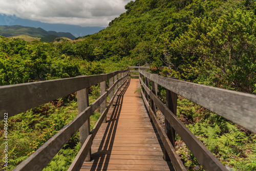 Mountain footpath with wooden railings in Furnas do Enxofre, Terceira Island, Azores, Portugal photo