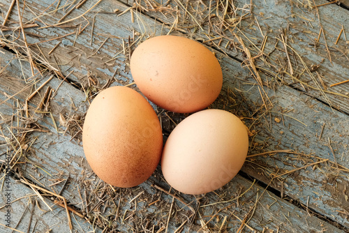 Large farm brown eggs on a wooden blue table with straw. The concept of housekeeping, dietary product, easter holiday