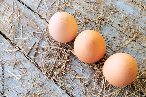Large farm brown eggs on a wooden blue table with straw. The concept of housekeeping, dietary product, easter holiday