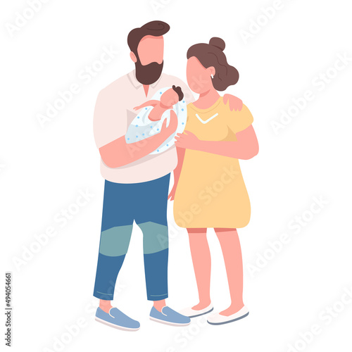 Couple holding newborn baby semi flat color vector characters. Standing figures. Full body people on white. After childbirth simple cartoon style illustration for web graphic design and animation