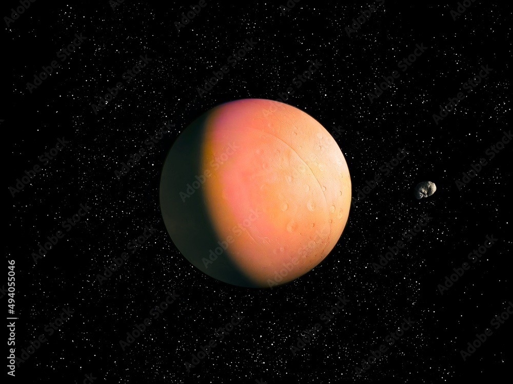 Realistic orange planet in space with asteroid and stars. Exoplanet from an alien star system. Realistic orange planet in space with asteroid and stars. Exoplanet from an alien star system.