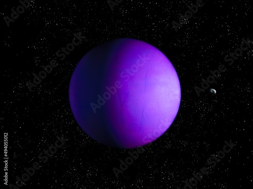 Realistic planet in space with asteroid and stars, amazing new world. Exoplanet from an alien star system. © Nazarii