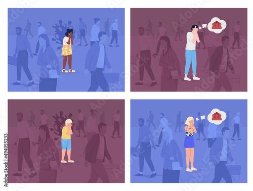 Panic episode in crowded space flat color vector illustration set. Intense sensation of fear. Sudden feeling of terror 2D simple cartoon characters collection with strangers on background