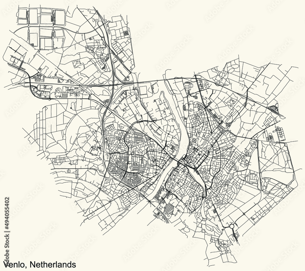 Detailed navigation black lines urban street roads map of the Dutch regional capital city of VENLO, NETHERLANDS on vintage beige background