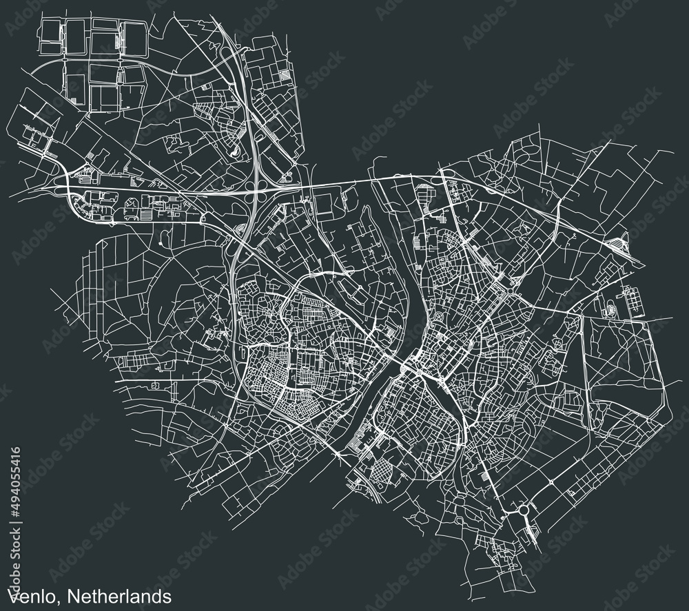 Detailed negative navigation white lines urban street roads map of the Dutch regional capital city of VENLO, NETHERLANDS on dark gray background