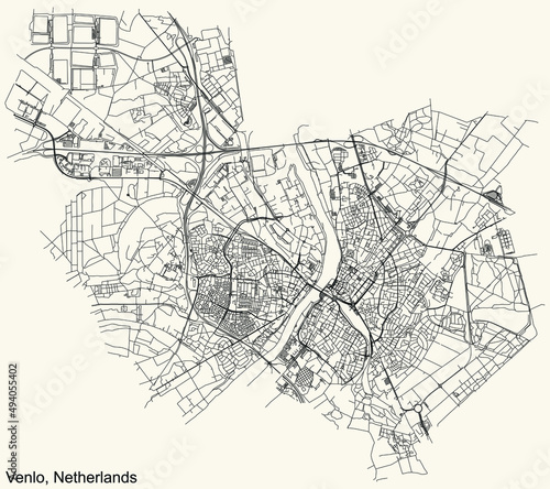 Detailed navigation black lines urban street roads map of the Dutch regional capital city of VENLO, NETHERLANDS on vintage beige background