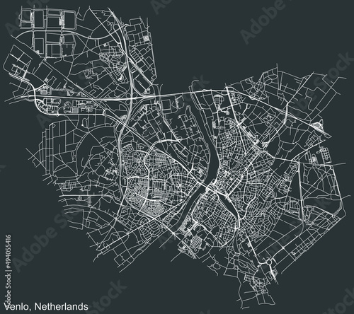 Detailed negative navigation white lines urban street roads map of the Dutch regional capital city of VENLO, NETHERLANDS on dark gray background