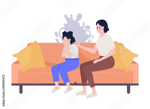 Reassuring mother semi flat color vector characters. Sitting figure. Full body people on white. Crying and scared girl simple cartoon style illustration for web graphic design and animation