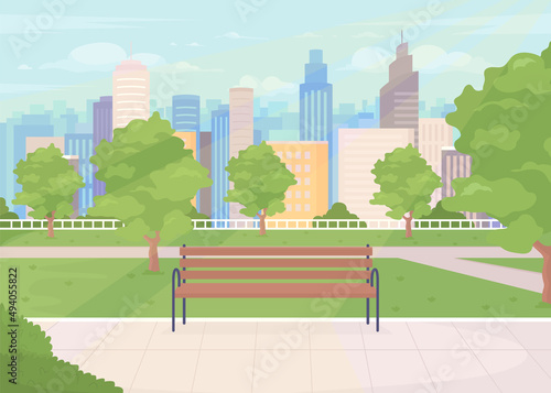 Municipal park flat color vector illustration. Green space to residents. Open lawn space. Public place for relaxation and running 2D simple cartoon landscape with city on background