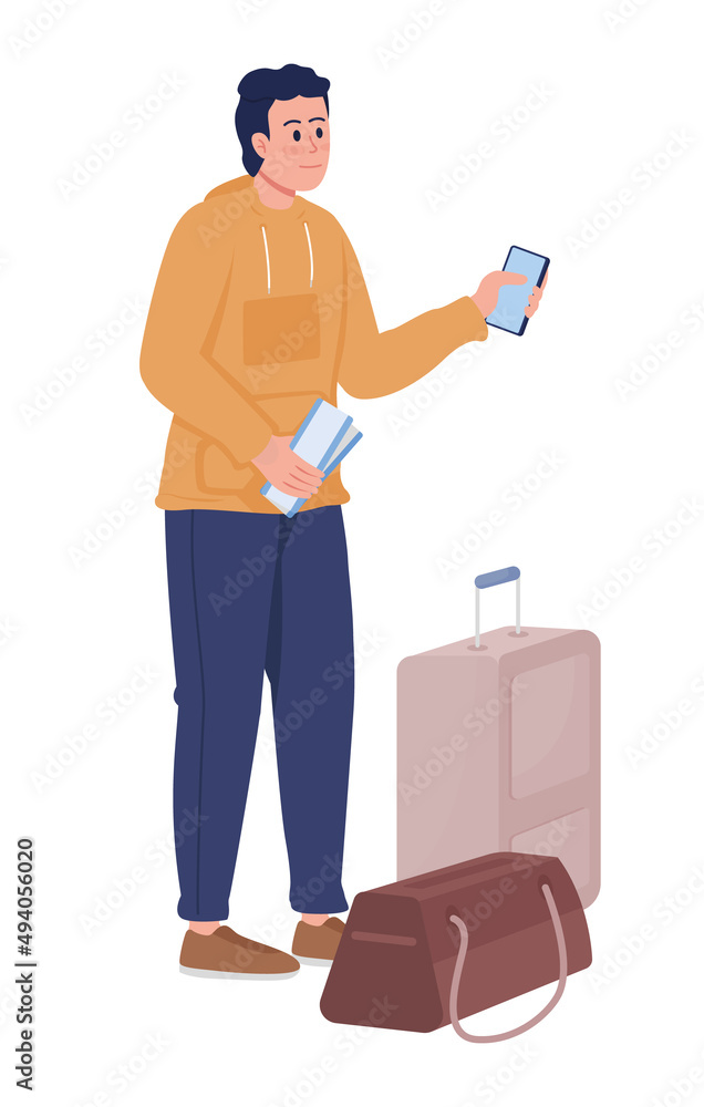 Young man with luggage bags and flight ticket semi flat color vector character. Standing figure. Full body person on white. Simple cartoon style illustration for web graphic design and animation Young man with luggage bags and flight ticket semi flat color vector character. Standing figure. Full body person on white. Simple cartoon style illustration for web graphic design and animation