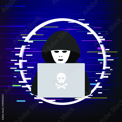 Vector illustration with binary code background. Hacker logo template. Symbol of digital thief with laptop. Hacker icon.
