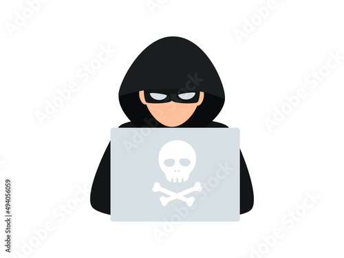 Vector illustration of Hacker logo template. Symbol of digital thief with laptop. Hacker icon.