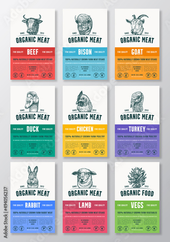 Organic Meat and Poultry Abstract Vector Packaging Design or Label Templates Set. Farm Grown Food Banners Hand Drawn Domestic animals and birds Heads Illustrations Backgrounds Layout Collection © createvil