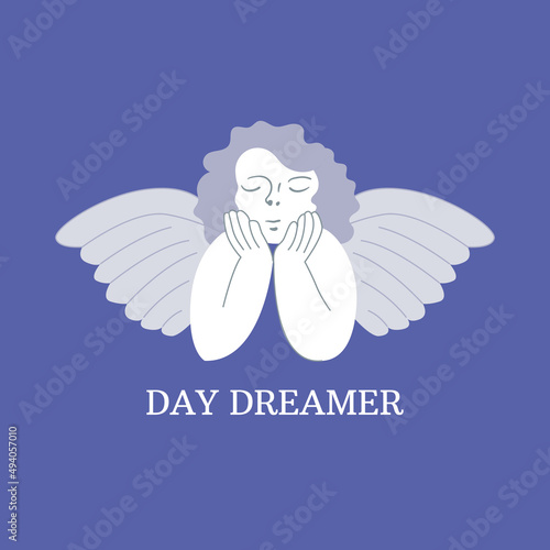 Cute renaissance cupid with wings.. Baby angel. Vector flat illustration. Day dreamer quote
