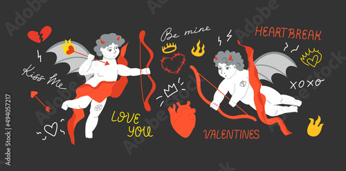 Set of vector antique renaissance cupids. Vector illustration of dark cupids with devil's elements and hearts. Flaming heart, heartbroken. Hand drawn lettering quotes. Be mine, love, kiss me etc.