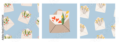 Set of spring patterns and illustration of envelope, flowers and hearts. Yellow tulips. Vector seamless background